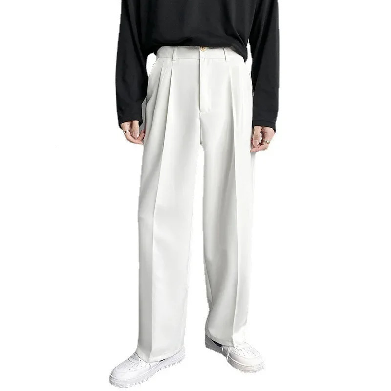Spring Autumn Korean Style Mens Straight-leg Suit Pants Loose-fit Casual White Wide-leg Trousers Drag-ground Pants 250103