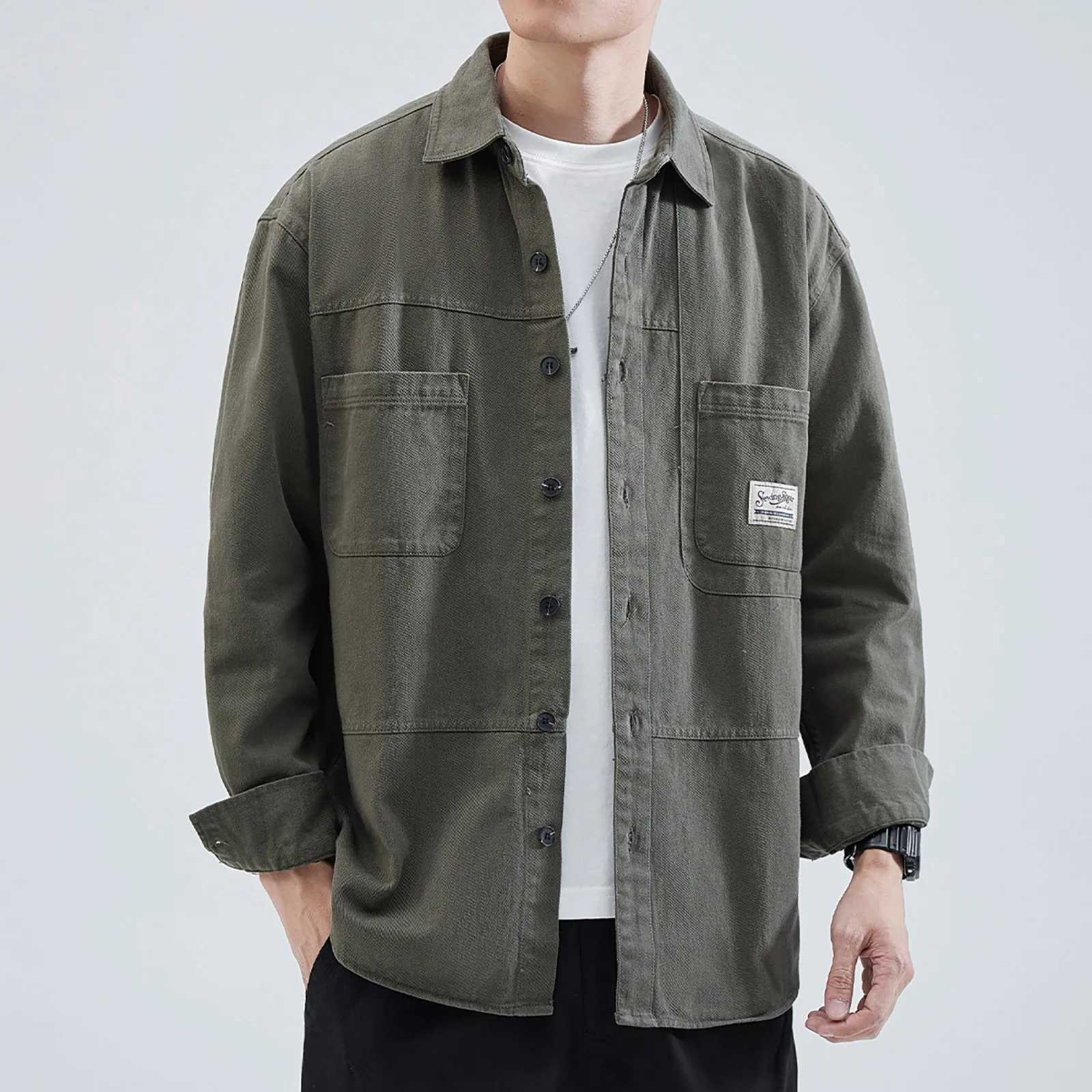 Mens work shirt jacket spring and autumn Japanese loose open top shirt casual long sleeved mens Ropa Hombre shirt W250103