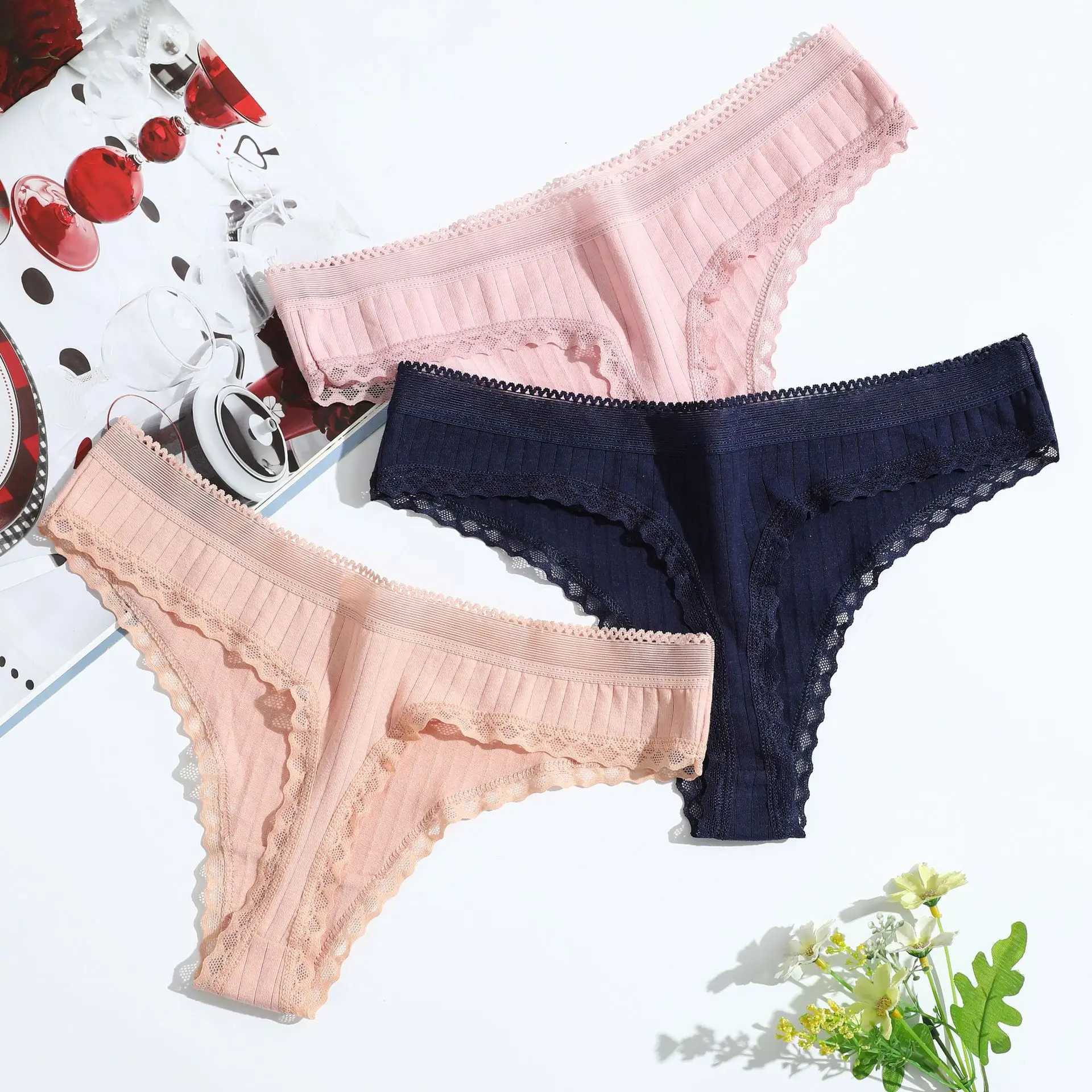 Sexy cotton thong womens lace low waist underwear womens underwear solid color breathable womens G-line W250103