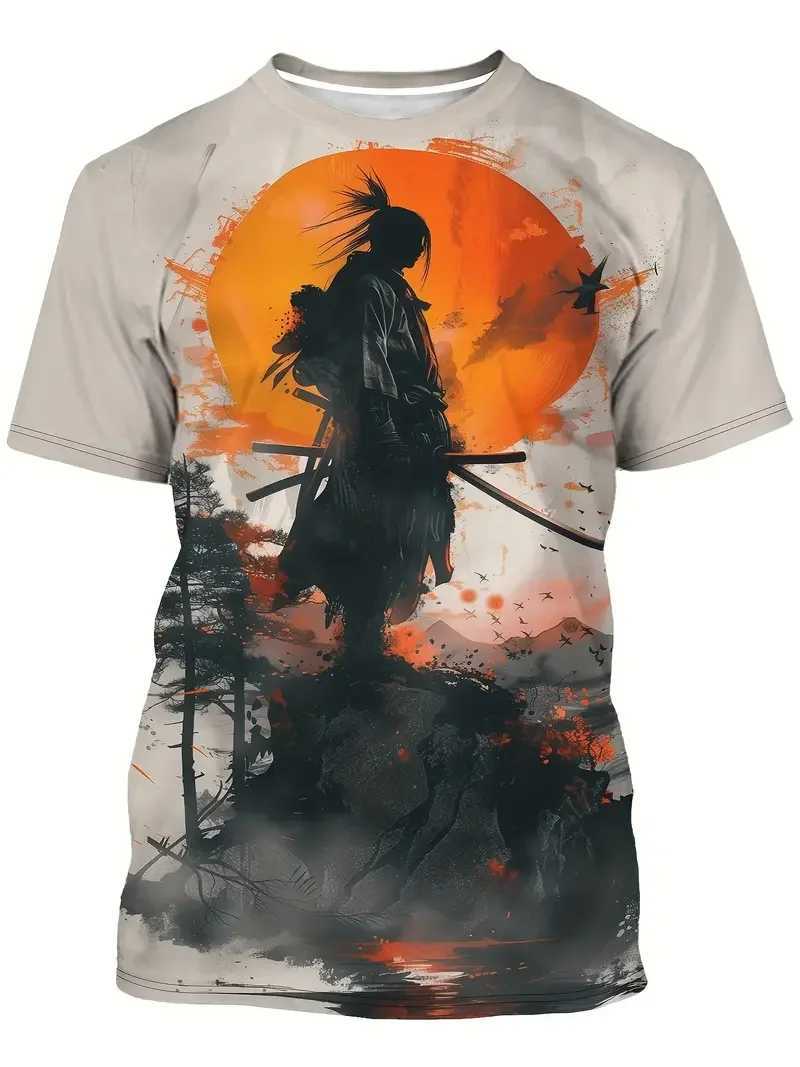 Samurai Mens T-shirt Soldier Print O Neck Short Sleeve Casual Anime Pullover Streetwear Outdoor Male Tee Top Oversized ClothingXJ240102