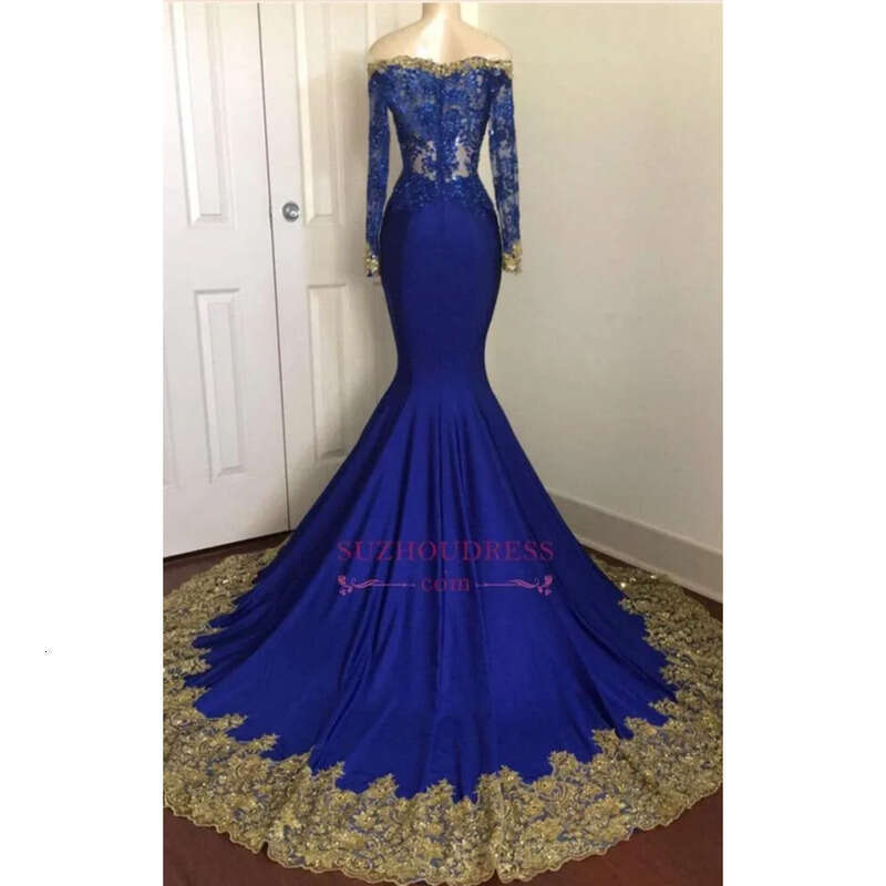 Shoulder Off Royal Blue Prom Dresses Sexy Sleeves Lace Appliqued Mermaid Evening Gown Long Formal Party Bridesmaid Dress Ba 0107
