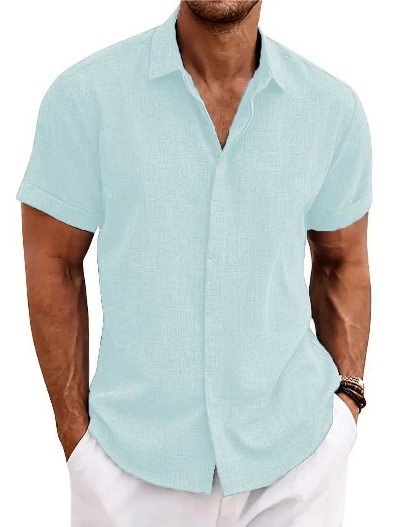 Mens solid color short sleeved summer solid color lapel casual beach style open top polyester shirt W250102