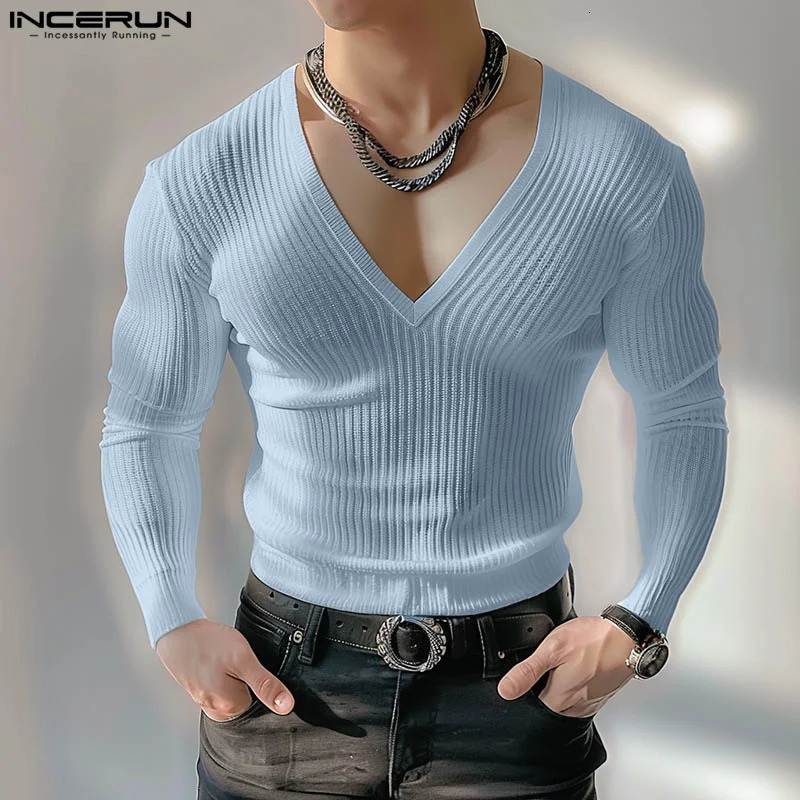 INCERUN Tops 2024 Korean Style Men Solid V-neck Knitted T-shirts Summer Casual Streetwear Simple Long Sleeved Camiseta S-5XL 250102