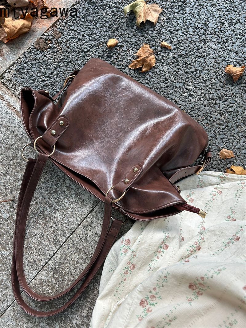 Miyagawa Autumn Winter New Niche Tote Retro Soft Leather Brown Large Capacity Commuting Bag Women Elegant Shoulder Bags