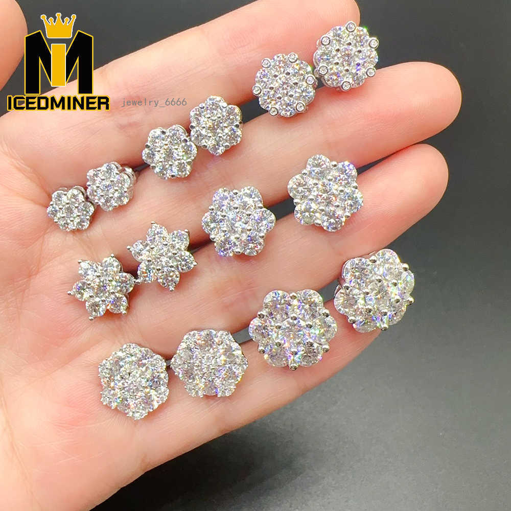 Full Size Flower Moissanite Earrings For Women Pass Diamonds Tester Hip Hop Jewelry With GRA Iced Out Silver S925 Ear Studs