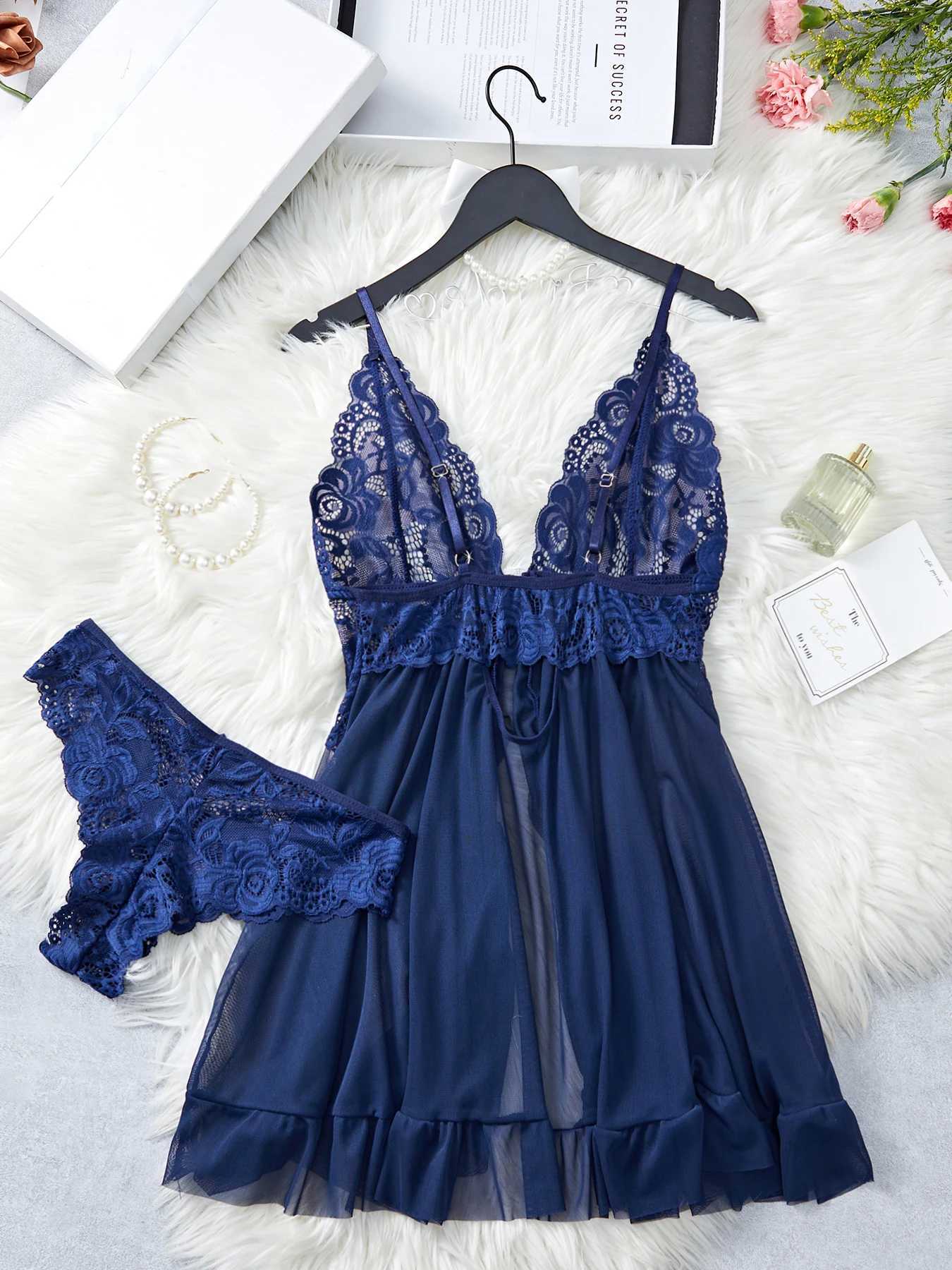 Erotic Blue Strap Nightgown thong set lingerie transparent lace womens mini deep V-dress tight fitting sexy lingerie sex clothing W250103