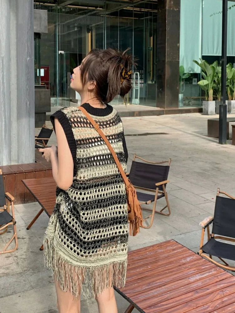 Summer Chic Hollow Out Sweet Tassels Female Mini Dresses Classic Striped Contrast Color Fashion Knitted Casual Women Dresses 250102