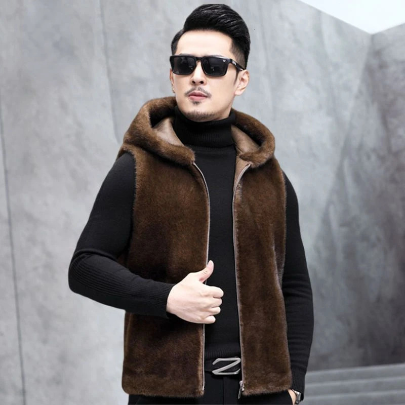 Men Autumn Winter Genuine Fur Warm Vest Male Real Sleeveless Coats Solid Color Hooded Jackets V01 241224