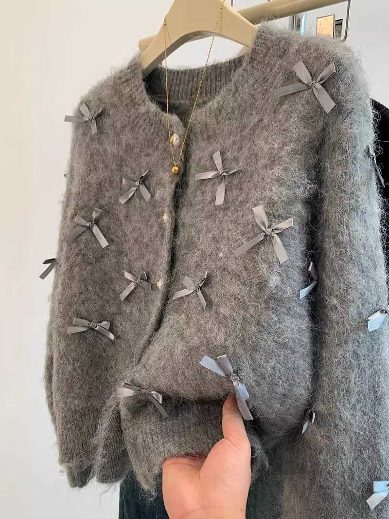 Grey bow sweater Autumn/Winter Womens high temperature soft Mohair knitted cardigan perfume coat casual top M250102