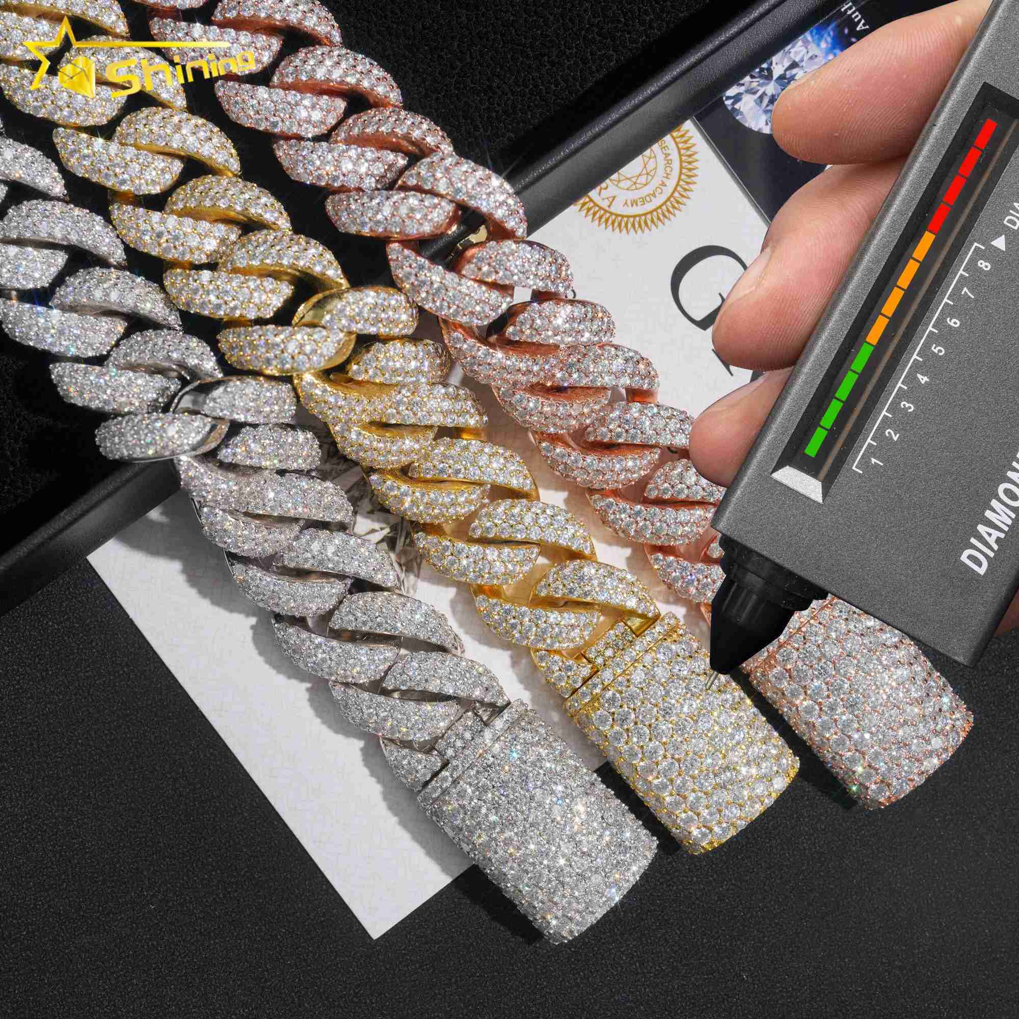 Hip hop iced out 925 silver 20mm solid heavy miami moissanite bracelet men gold plated cuban link chain