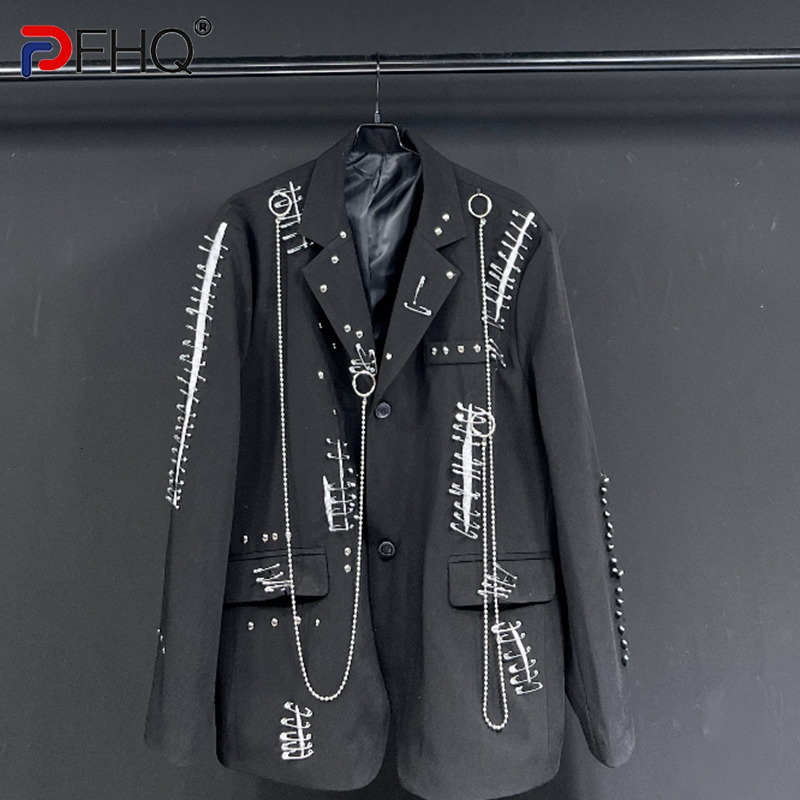 PFHQ Solid Color Long Sleeve Metal Chain Causal Blazers For Men Single Breasted Men's Rivet Coat 2023 Summer New Tide 21F4067