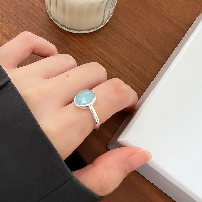 Silvology genuine 925 sterling silver oval aquamarine ring womens natural stone adjustable crystal ring luxurious and exquisite jewelry 250102