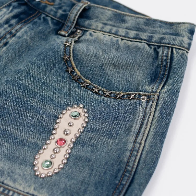 Y2k American high-waisted jeans Trend Fashion studded denim shorts men Harajuku Hip Hop street style baggy denim wide-leg pants250102