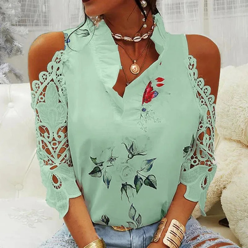 Summer womens strapless top casual sexy hollow flower print womens shirt elegant V-neck short sleeved lace shirt blue 19361 250102