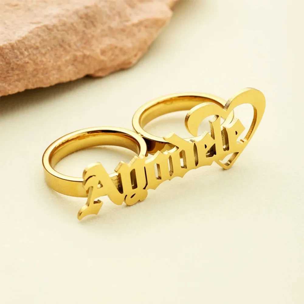 New stainless steel name ring personalized large two finger ring for women fashionable gold double finger ring for knuckles mens couple gift W250102
