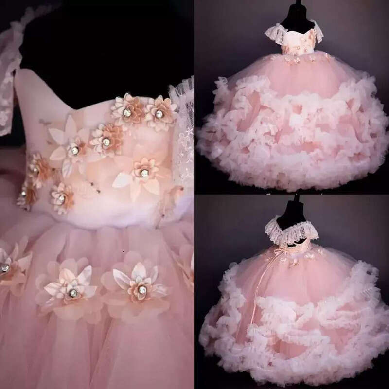 Pink Ballroom Pageant Dresses Off Shoulder Appliqued Beaded Ral Wer Girl Backless Ruffle Tiered Skirt Birthday Gowns