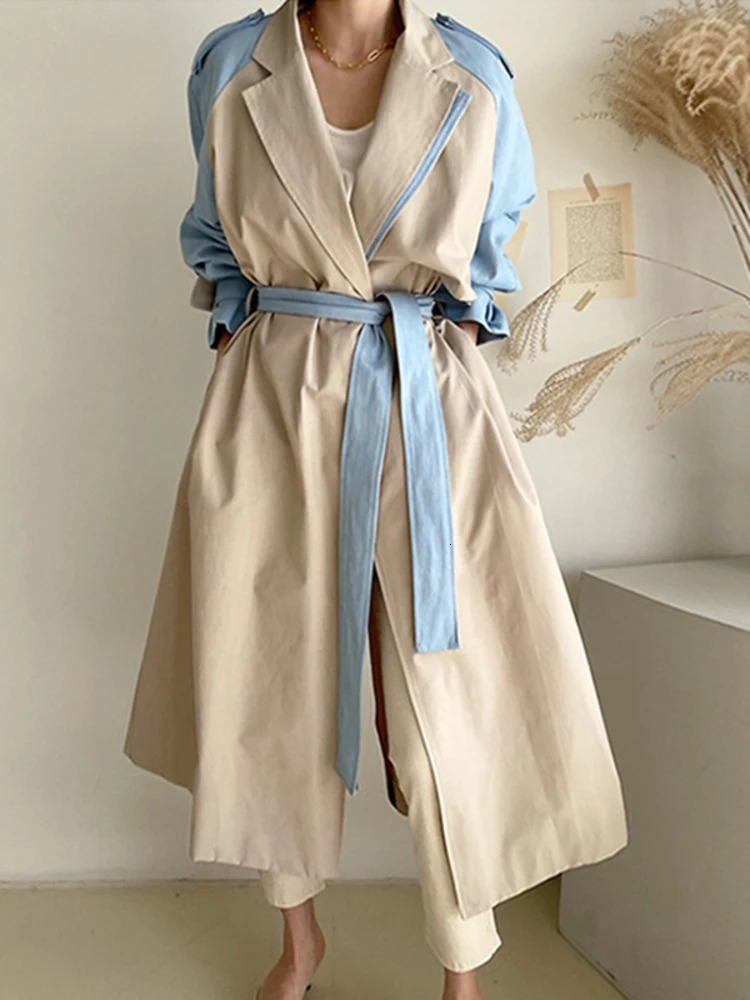 UCXQ Fashion Long Jacket Vintage Patchwork Contrasting Lapel Lace Up Waist Elegant Trench Coat Women 2025 Spring Autumn 9792 241224