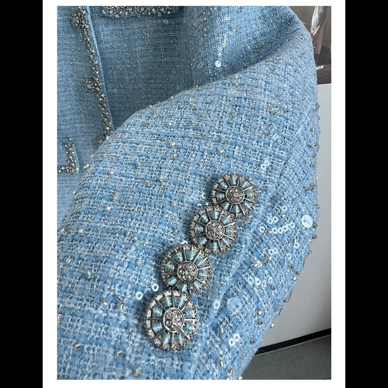 Women French Small Fragrance Blue Sequined Round Neck Studded Lace High Quality Party Elegant Lady Tweed Coat
