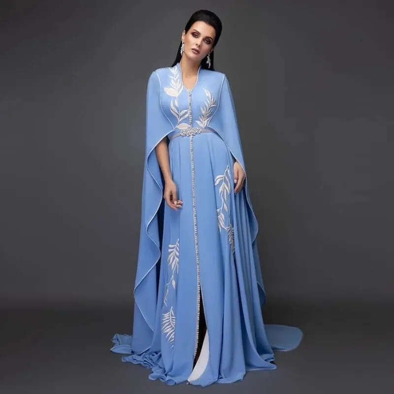 Arabic Sky Evening Dresses V Neck Light Blue White Appliques Cap Sleeve Kaftan Dubai Chiffon Caftan Prom Gown Party Dress