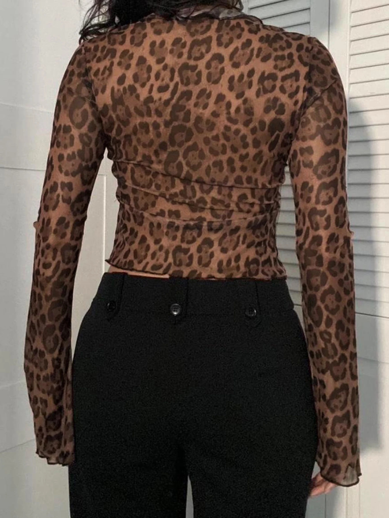 Leopard Print lace top for women semi transparent mesh elegant fashionable and sexy with a lapel and ruffled edge cardigan top 250102