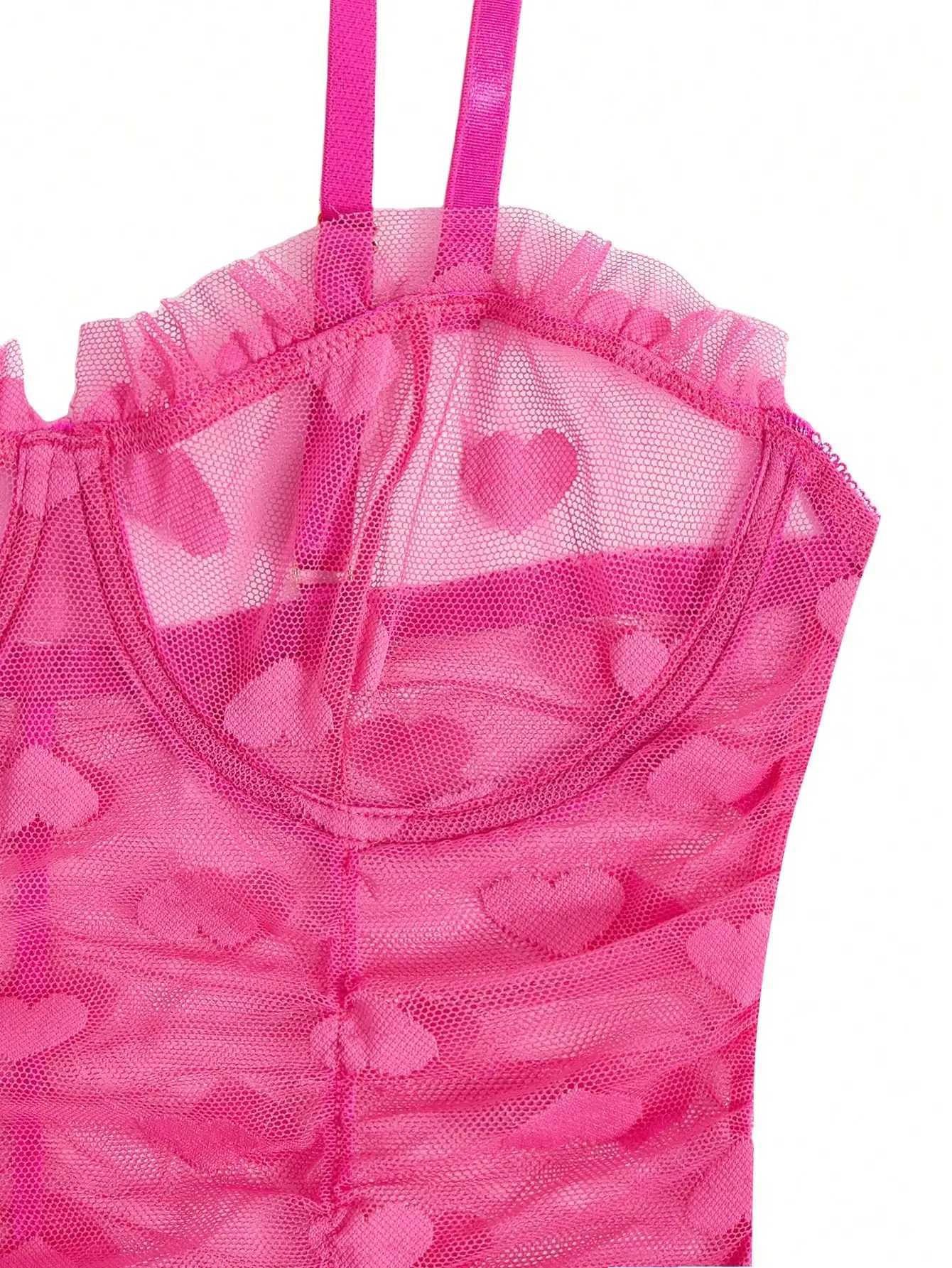 Heart shaped mesh pleated hem decoration sexy lingerie thong womens lace mesh patch work pendant collar Babydoll lingerie W250103