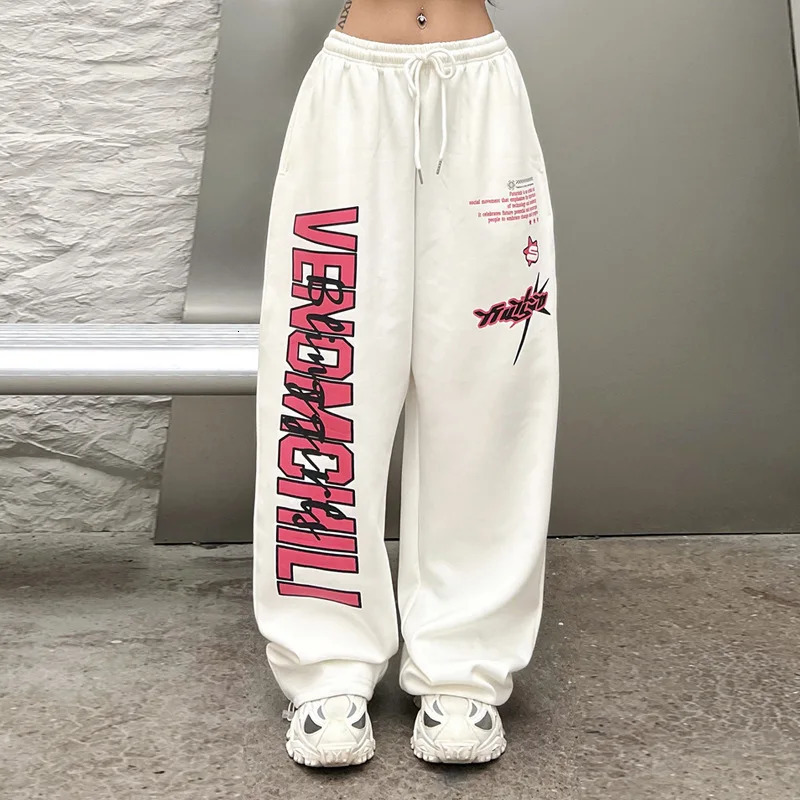 Y2K streetwear white track pants womens Harajuku hippie wide leg sports pants oversized fast drying printing runners Trouser 250102