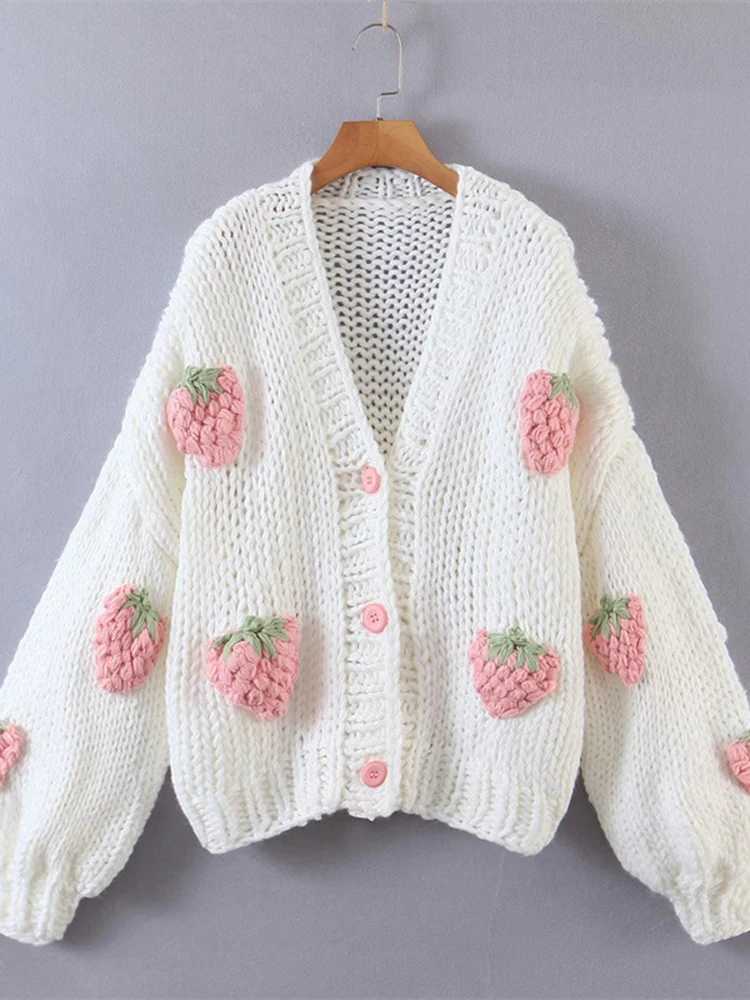 Lamb Sweet Strawberry Knitted Sweater Womens V-neck Puff Sleeve Single Chest Unique Sweater 2025 Spring New Style 2Z2352 M250102