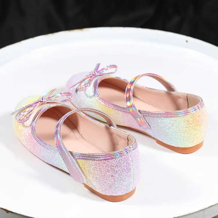 Princess Wedding Shoes Autumn New Rainbow Bow Childrens Soft Sole Leather Shoes Sparkling Girls Dance Party Shoes Childrens Apartment M250103