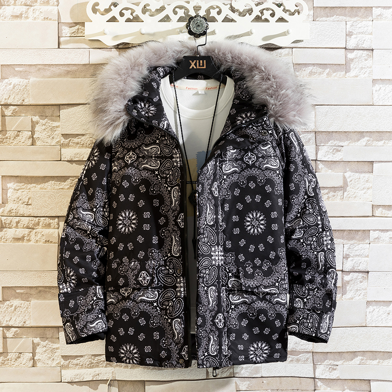 Men Parka Winter Jacket Thick Warm Casual Loose Harajuku Fashion Zipper Paisley Windproof Bubble Coat