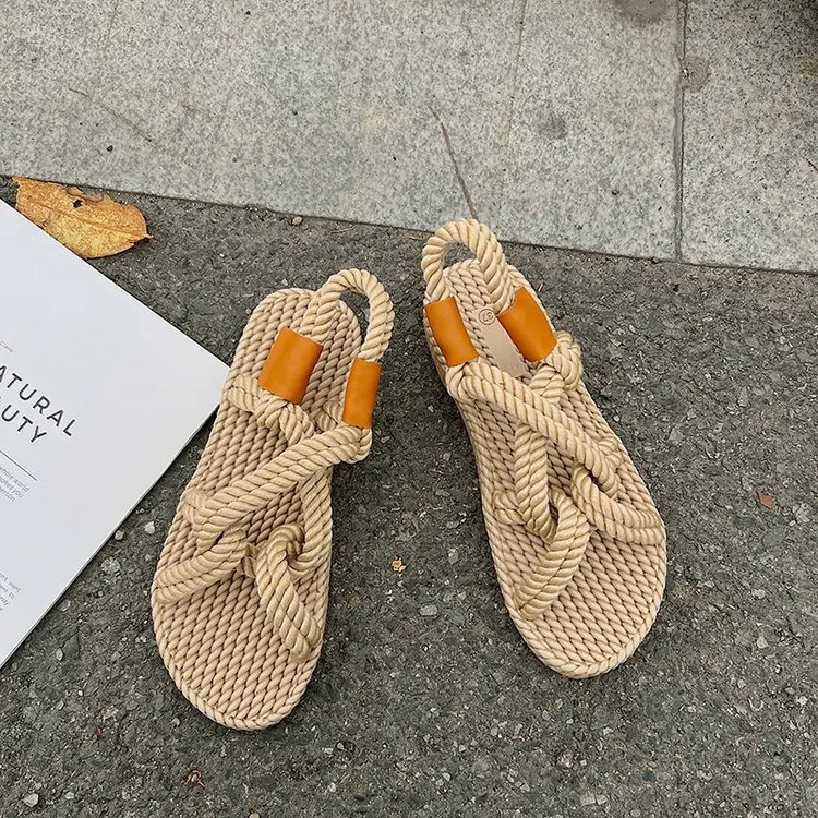 Rainbow Color Rope Sandals Woman Retro Weaved Fishman Sandalias Ladies Sea Blue Beach Slippers Handmade Bohemian Straw Shoes 250102