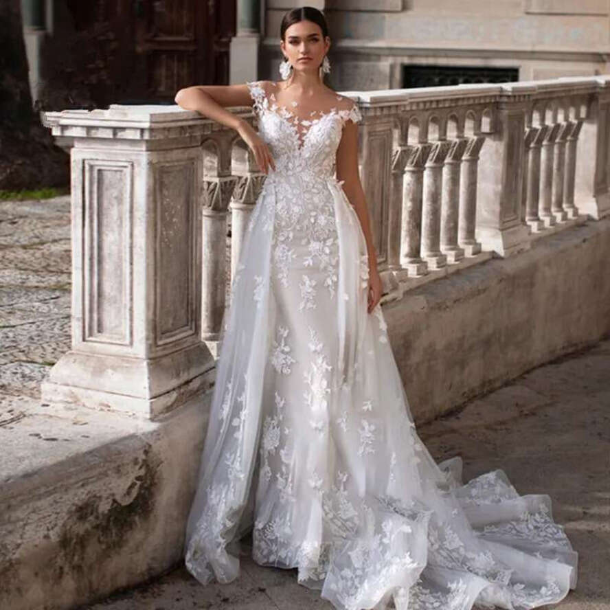 Lace Mermaid Dresses With Detachable Train 2020 Sheer Cap Sleeves Appliques Vestido De Novia Plus Size Wedding Bridal Gowns