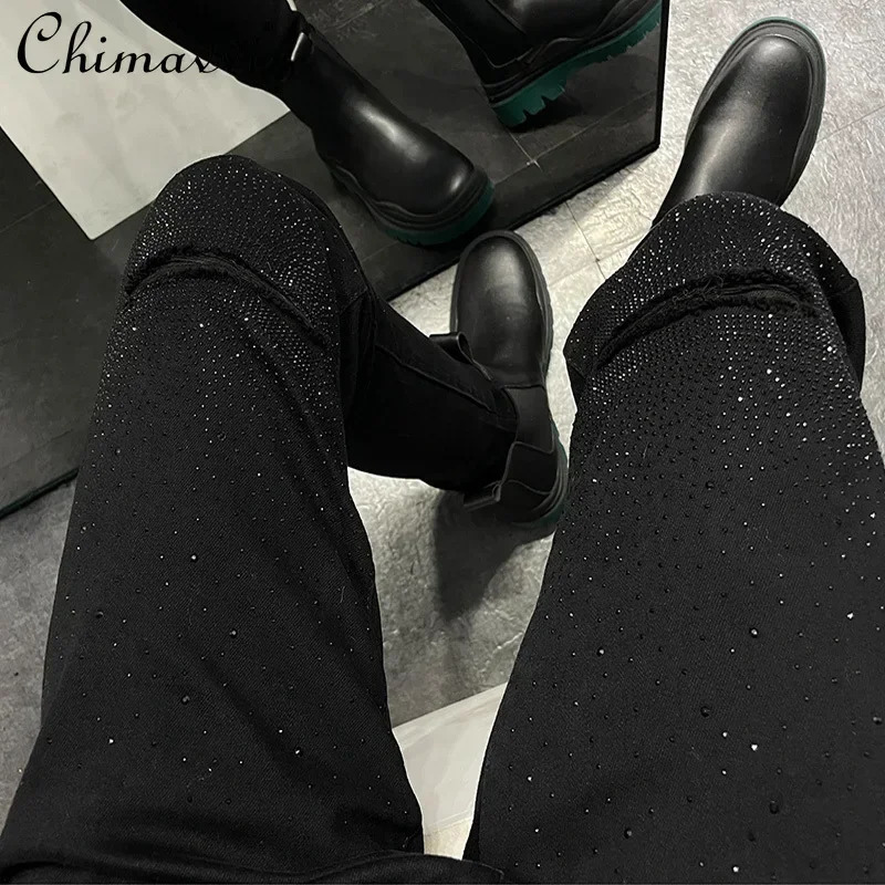 Black Rhinestone Jeans Mens Fall Slim Fit Stretch Feet Pants Fake Ripped n Casual Long Mens Pants Autumn Clothes 241230