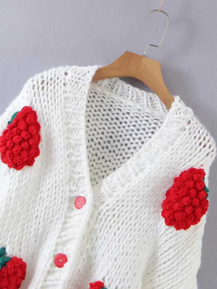 Lamb Sweet Strawberry Knitted Sweater Womens V-neck Puff Sleeve Single Chest Unique Sweater 2025 Spring New Style 2Z2352 M250102