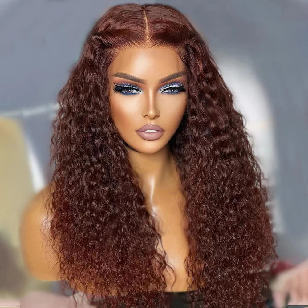 220% Brazilian Deep Wave Glueless Wig 13x4 Human Hair Ready To Wear Curly Reddish Brown Synthetic Lace Frontal Wigs Preplucked for Women Pre Cut