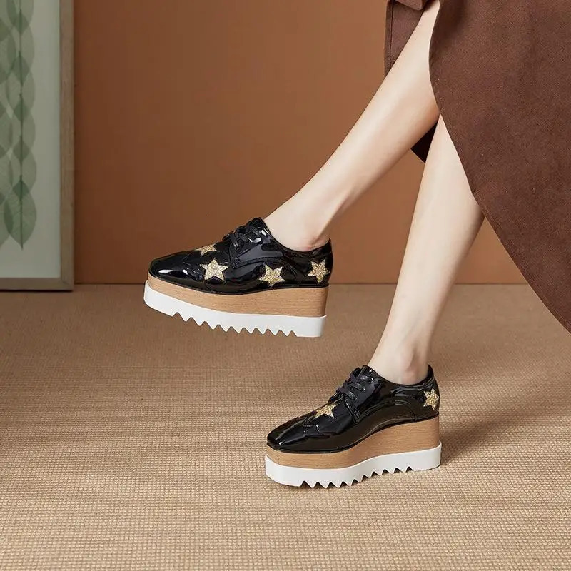 Slim and Versatile Spring Star Thick Sole Sponge Cake Casual Shoes Lace Up Slope Heel Womens British Style HZB 250219
