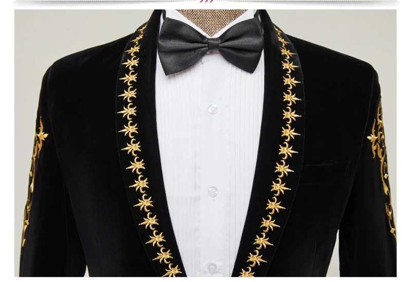Golden Baroque Flower Embroidered Velvet Jacket Mens Shawl Collar Single Button Jacket Wedding Party Evening Dress 250102