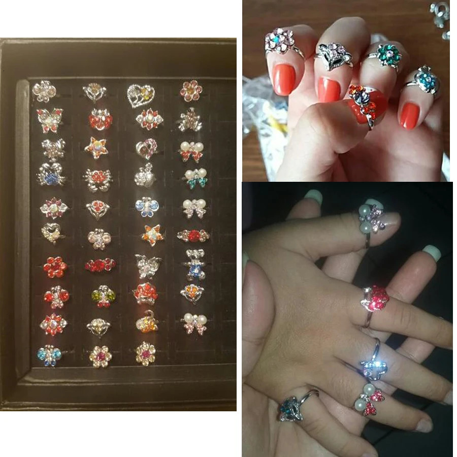 Mixed batch of 60 silver plated childrens rings with combination crystal rings childrens party small size adjustable heart-shaped rings wholesale 2501