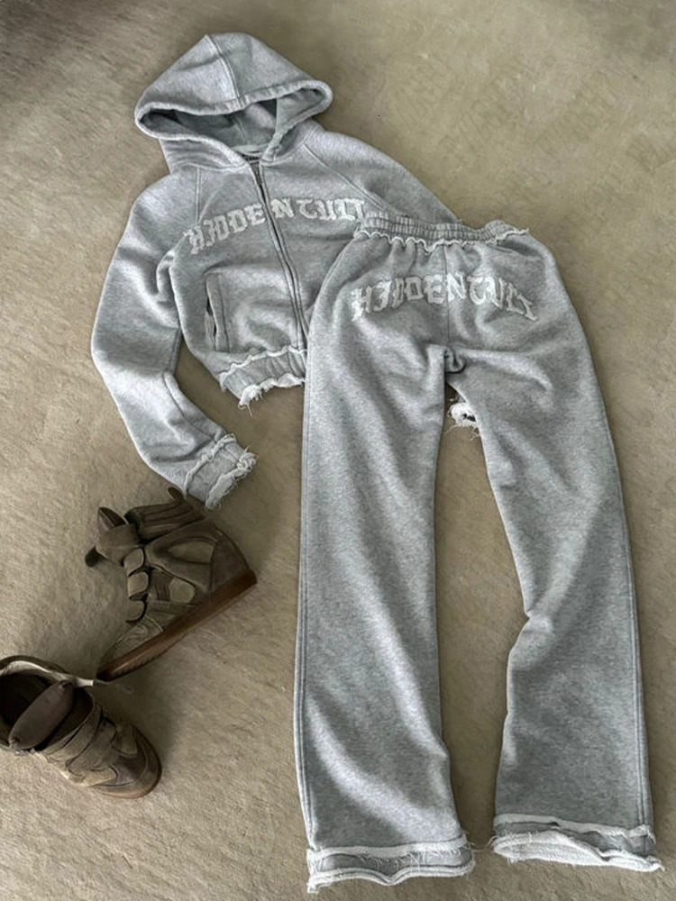 Fashion Grey Autumn Winter Set Punk Casual Retro Burr Street Burr Emo Girl Fairy Zipper Jacket Fashion Trousers 250102
