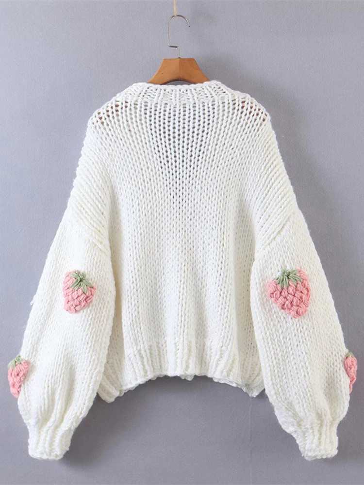 Lamb Sweet Strawberry Knitted Sweater Womens V-neck Puff Sleeve Single Chest Unique Sweater 2025 Spring New Style 2Z2352 M250102