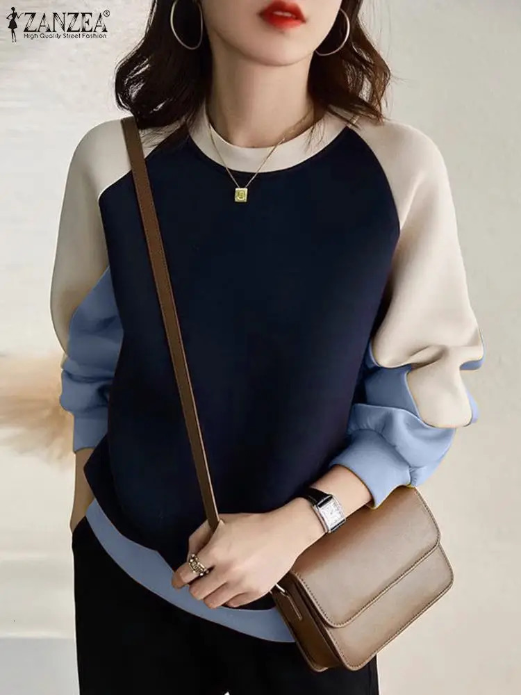ZANZEA Stylish Autumn Sweatshirts Woman Long Sleeve Patchwork Pullovers Elegant Work Blouse Fashion Hoodies Streetwear 250103