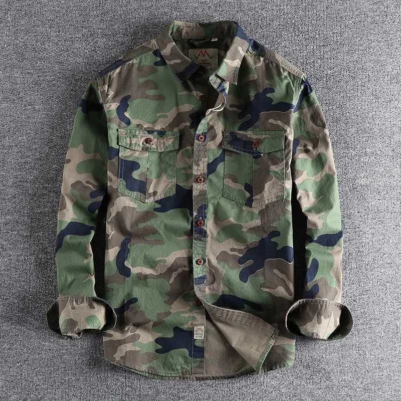 Fashionable camouflage long sleeved mens work shirt casual loose fit wear-resistant top layer clothing American style W250103