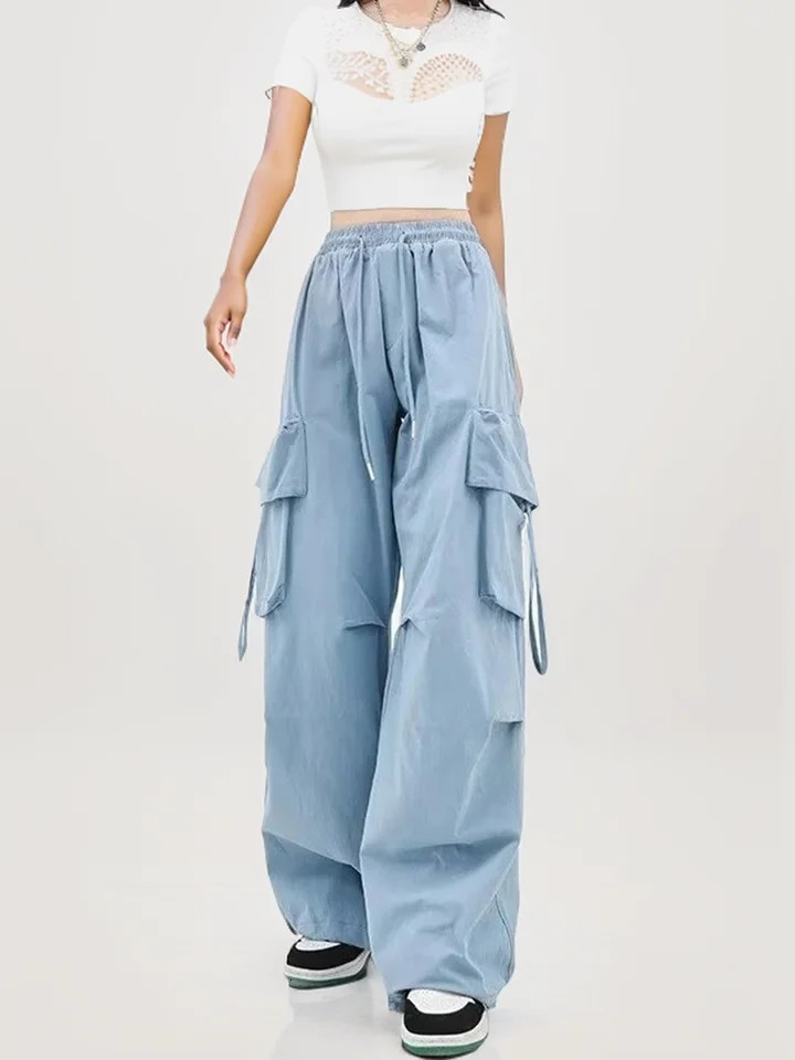 Womens Y2K commodity pants high waisted streetwear hip-hop mens style womens large pockets casual student drawstring sports pants 250102