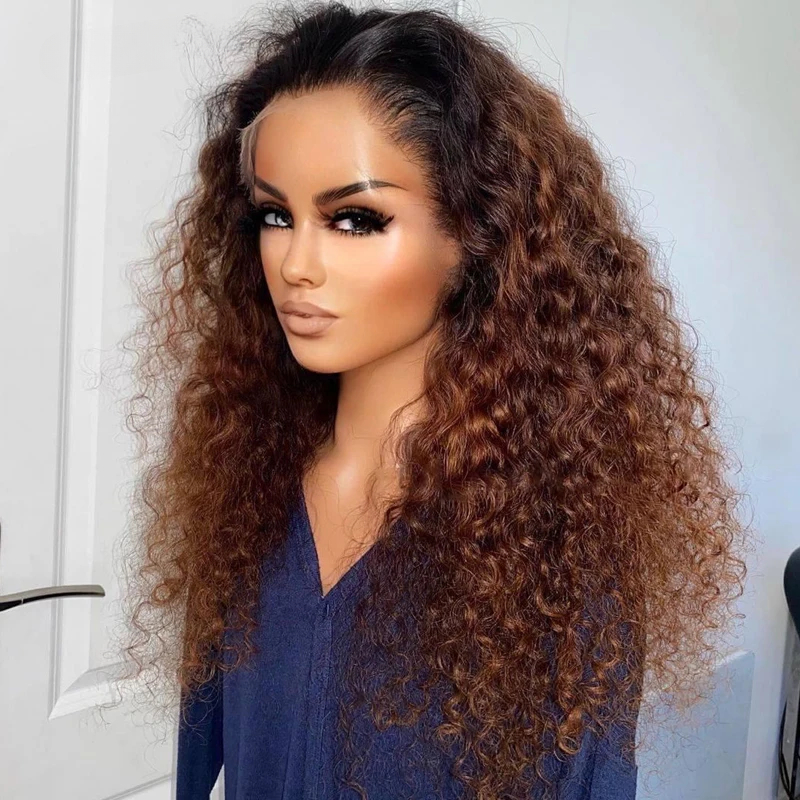 Free shipping Ombre Brown Mogolian Hiar 13x4 Transparet Lace Front Wigs for Women 250% Density Deep Curly Silation Human Hair Glueless Wig Ready To We
