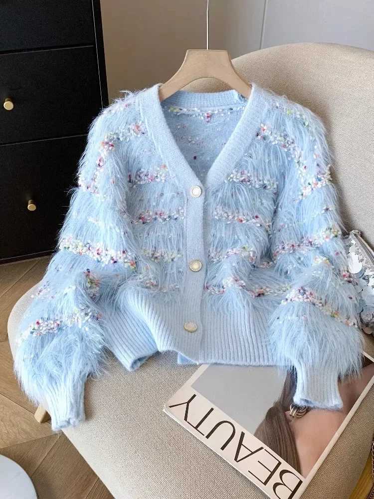 French design Tassels Mohair cardigan warm and thick winter sweater jacket sweet and elegant womens party girls Christmas clothing South Korea M250102