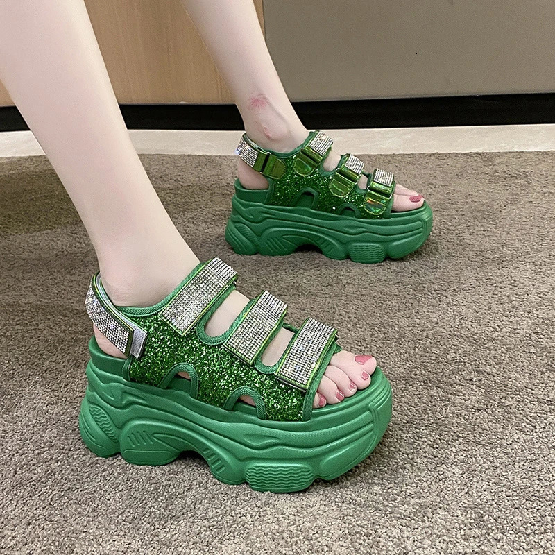 Women Summer Platform Bling Sandals Breathable Wedges 9CM High Heels Ladies Crystal Beach Slippers Chunky Shoes Sandalias Mujer 250102
