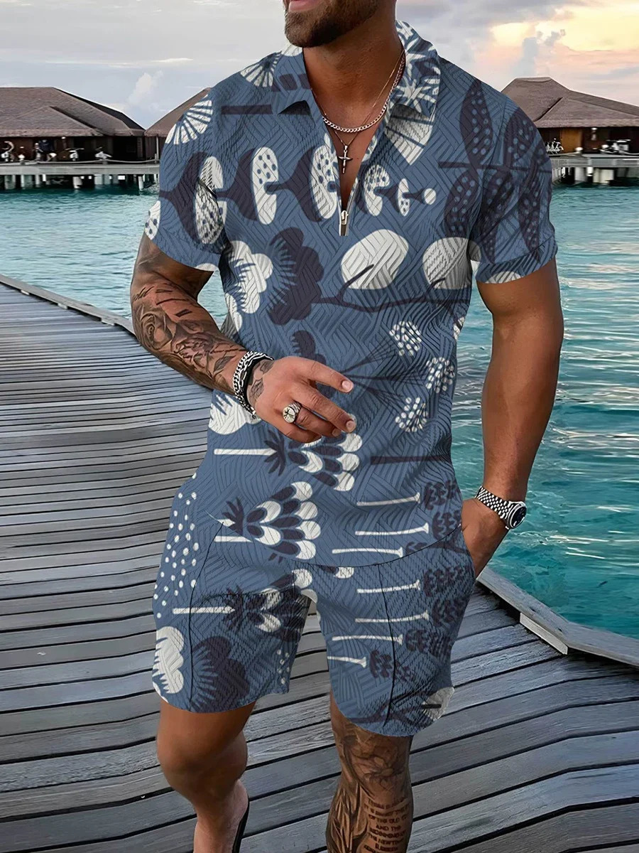 Mens Tracksuit 3D Print Summer Short Sleeve Polo Shirt Shorts Suits Fashion Casual Zipper T Shirt 2 Piece Set Oversized Outfits 250102