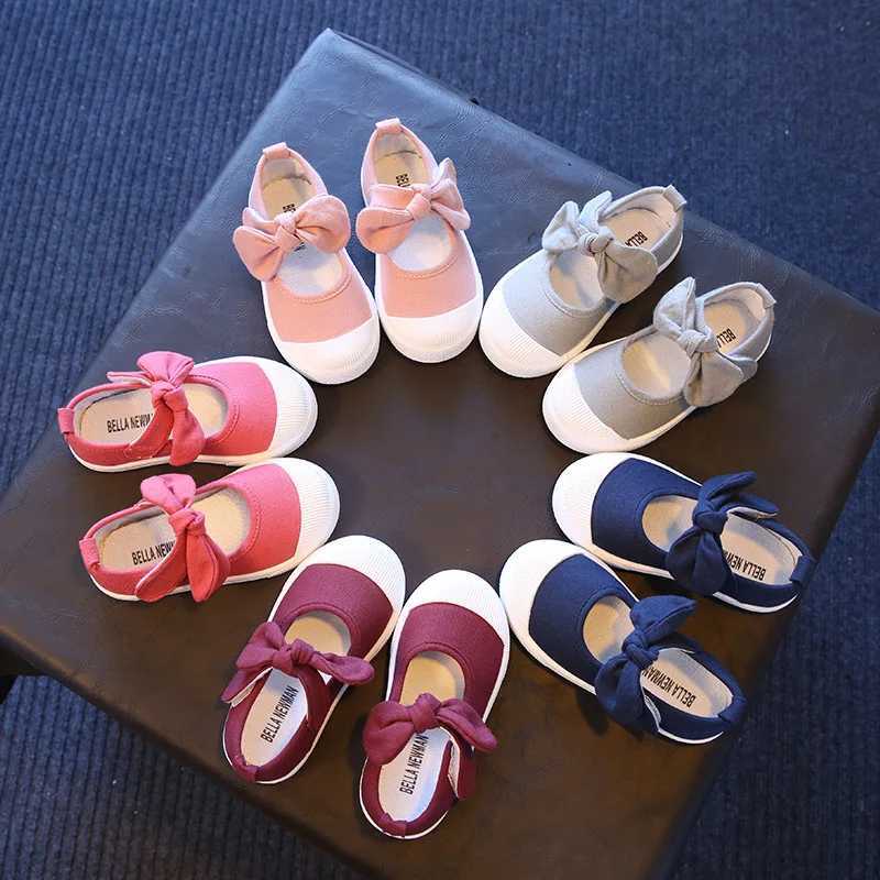 Bekamille Spring Autumn Childrens Canvas Casual Shoes Childrens Cute Bow Flat Shoes Girls Princess Solid Color Sports Shoes M250103