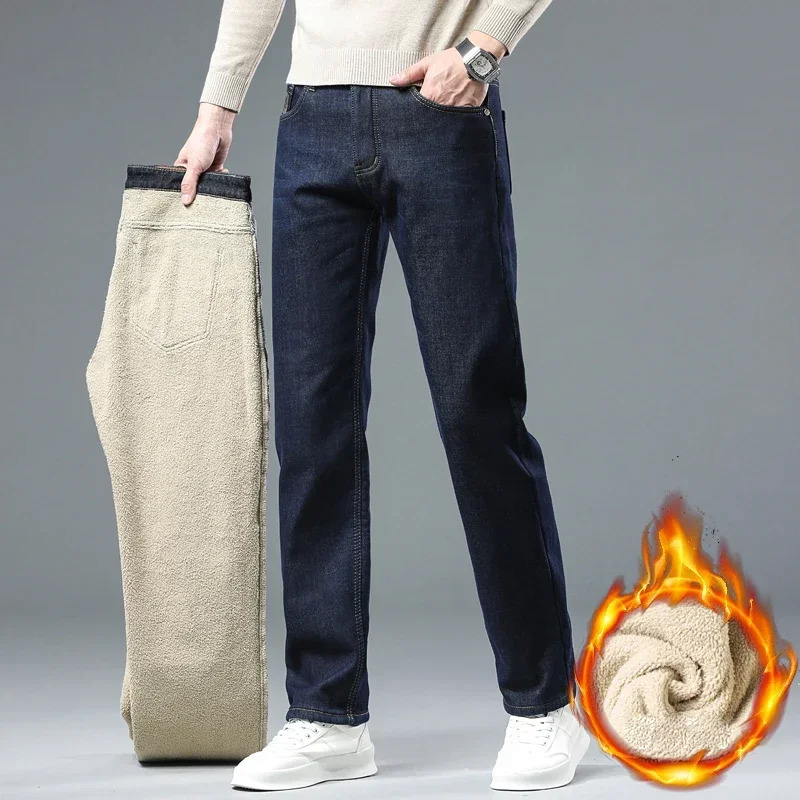 Winter Warm Fleece Jeans Men Straight Stretch Thick Casual Thermal Denim Pants Male Business Work Trousers Men Clothing 241230
