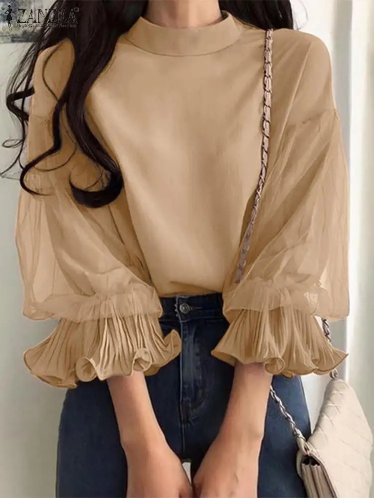 ZANZEA Womens Elegant Party Shirt Fashion Grid Ruffle 3/4 Sleeve Top Autumn er Stand up Collar Shirt Korean Loose Tune 250102