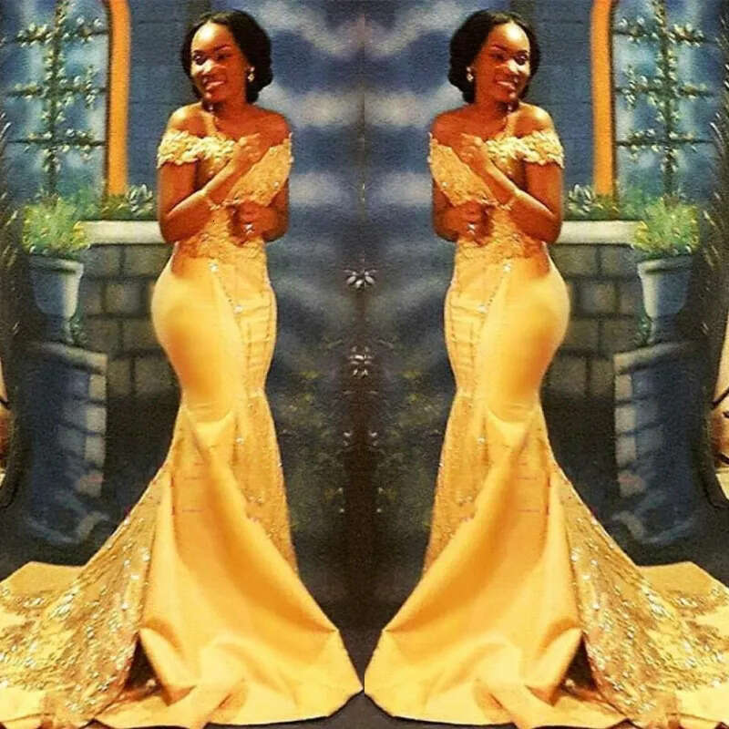 Yellow Nigerian Mermaid Dresses African Off Shoulders Lace Sequined Satin Evening Prom Gowns Ba